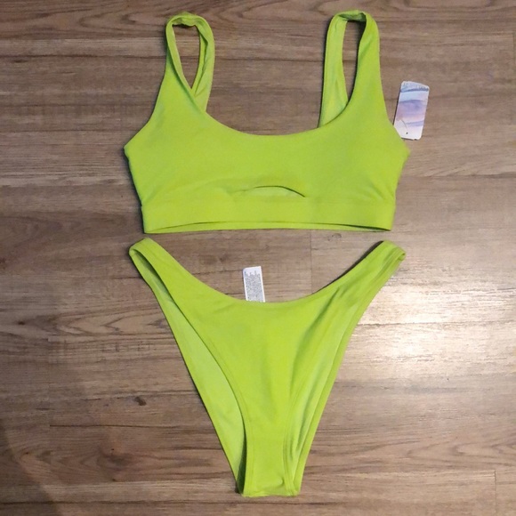 NEW!! F21 Lime Green Cutout Bikini 👙 Top and Bottoms - Picture 6 of 9